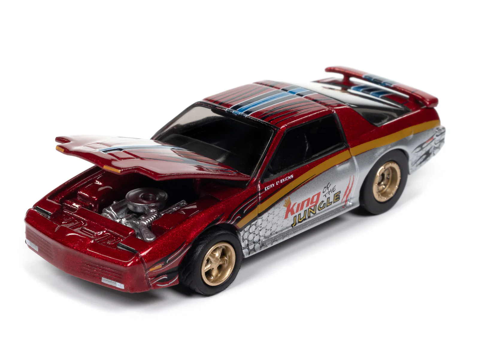 Johnny Lightning Muscle Cars 1987 Pontiac Trans Am King of the Jungle (Metallic Red w/Silver & Gold + King of the Jungle Race Graphics) 1:64 Scale Diecast - Image 3