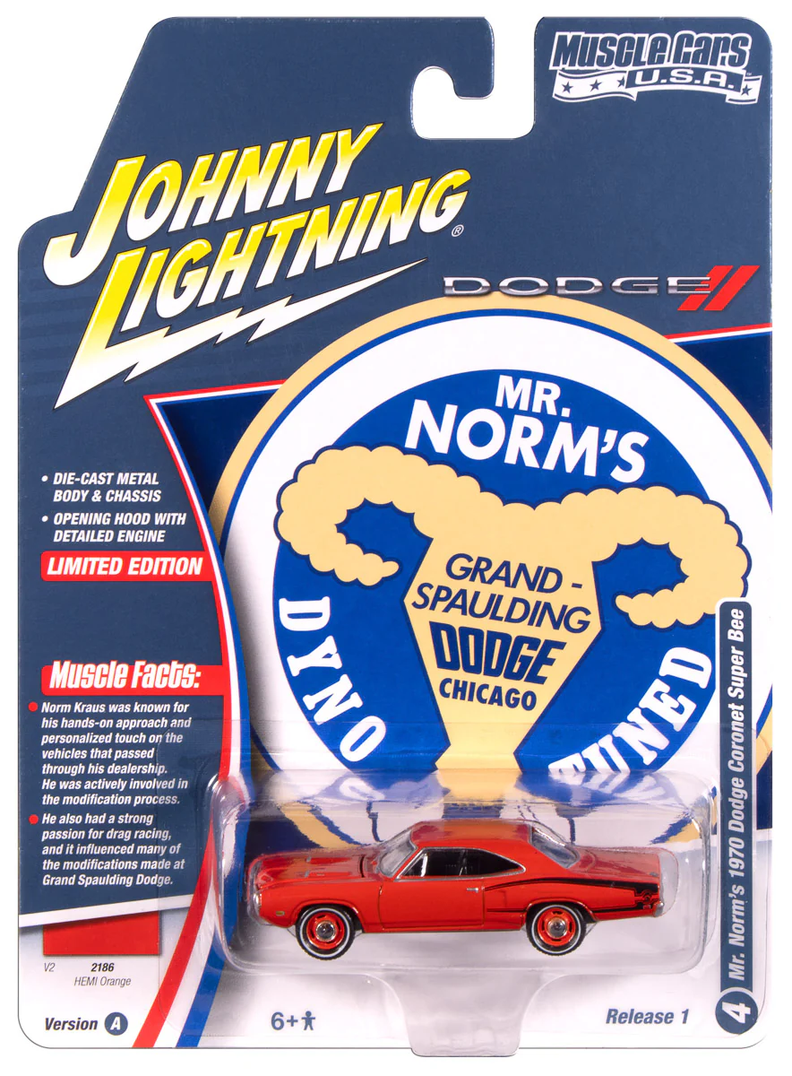 Johnny Lightning Muscle Cars Mr. Norm's 1970 Dodge Super Bee (Hemi Orange w/Black Super Bee “C” Stripe) 1:64 Scale Diecast