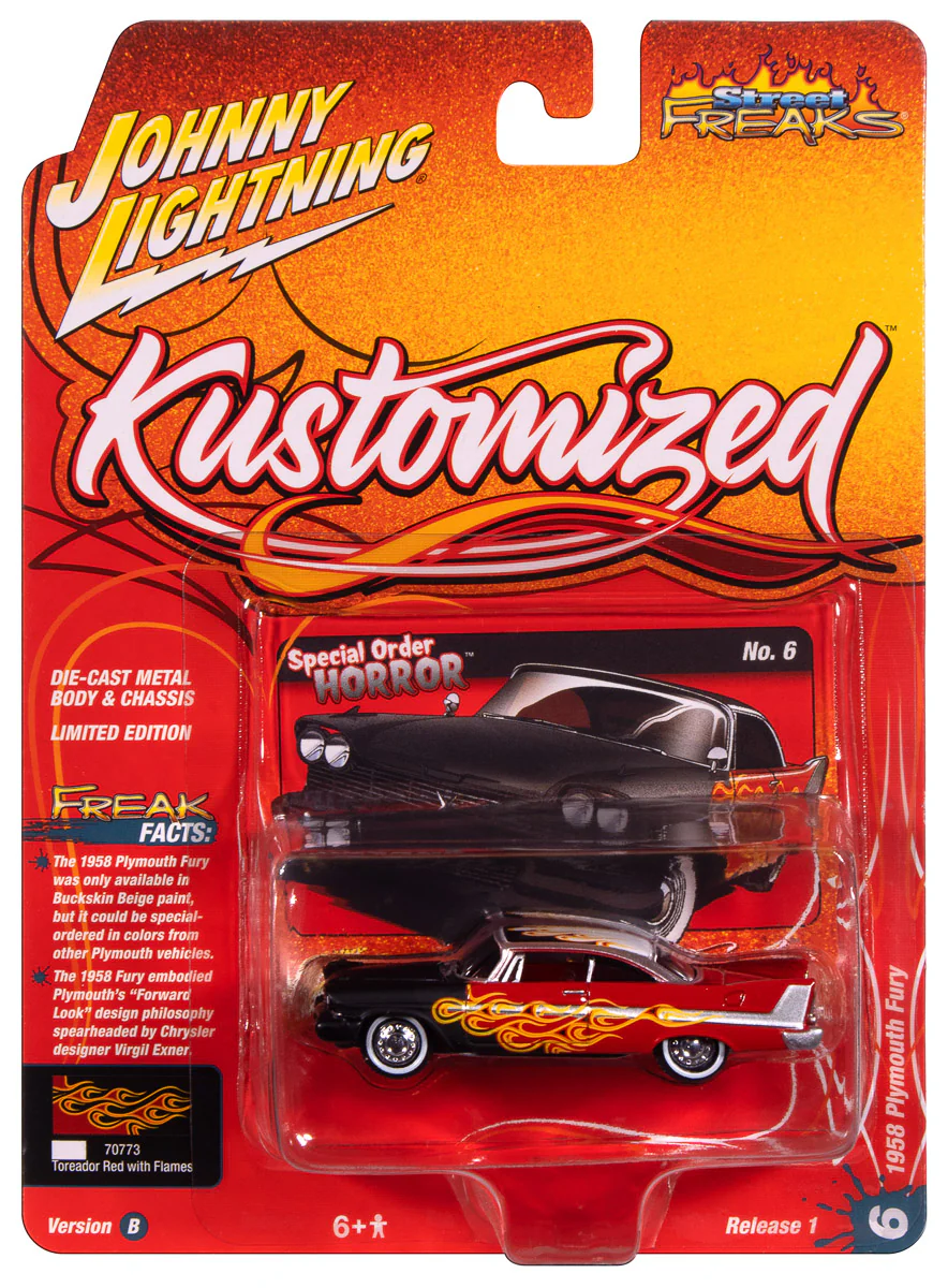 Johnny Lightning Street Freaks 1958 Plymouth Fury (Kustomized) (Flat Black Transition to Red-Orange-Yellow Flames Red Back of Car) 1:64 Scale Diecast