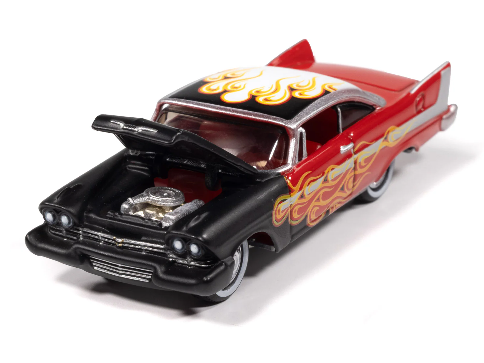 Johnny Lightning Street Freaks 1958 Plymouth Fury (Kustomized) (Flat Black Transition to Red-Orange-Yellow Flames Red Back of Car) 1:64 Scale Diecast - Image 3