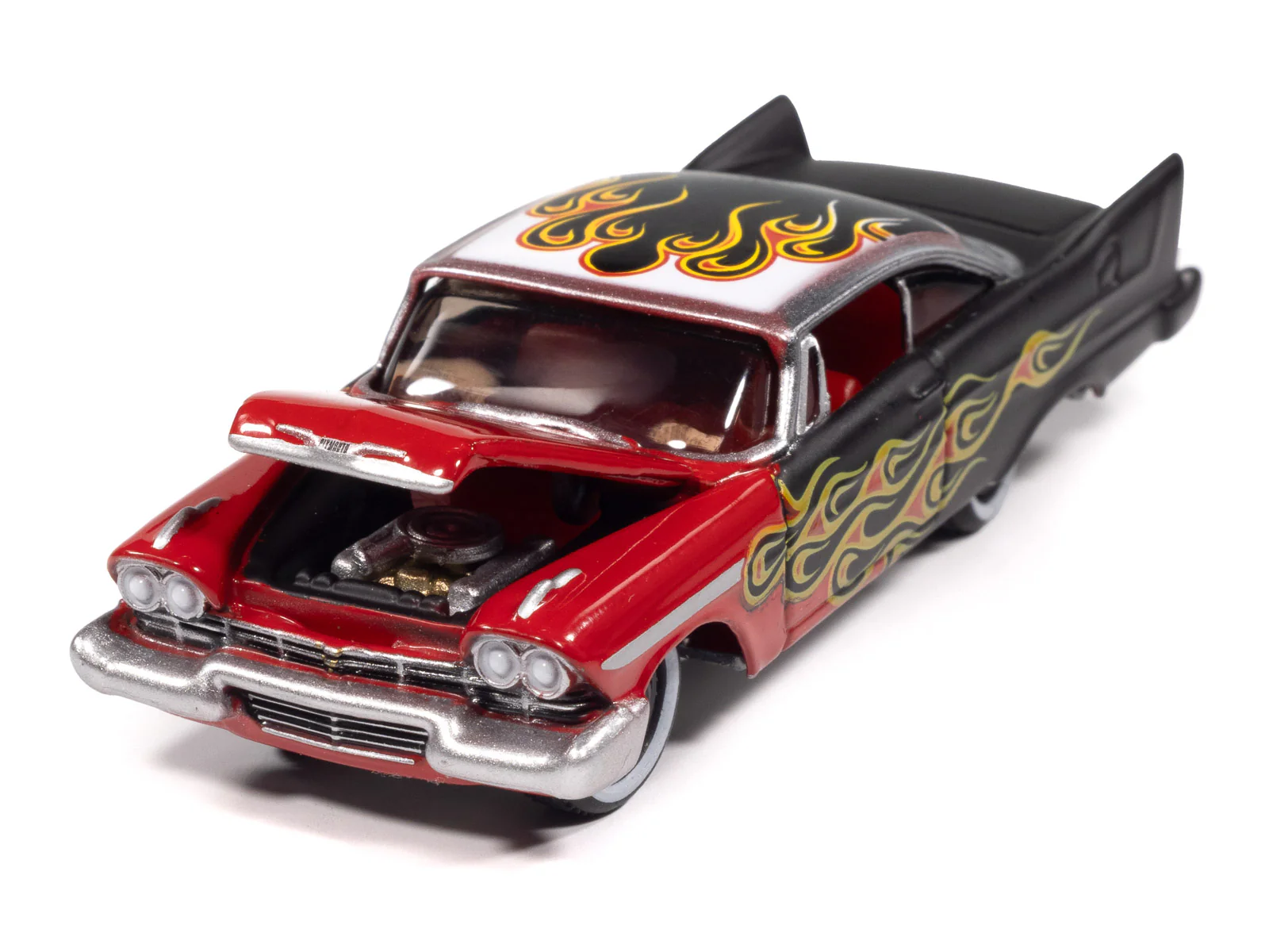 Johnny Lightning Street Freaks 1958 Plymouth Fury (Kustomized) (Gloss Red Transition to Red-Orange-Yellow Flames Flat Black Back of Car) 1:64 Scale Diecast - Image 3
