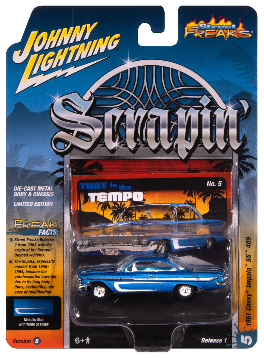 Johnny Lightning Street Freaks 1961 Chevy Impala SS 409 (Scrapin’) (Metallic Blue w/White) 1:64 Scale Diecast