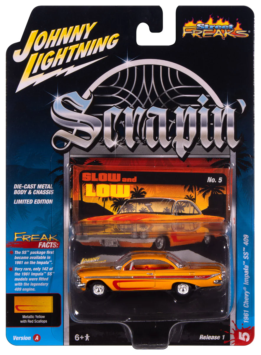 Johnny Lightning Street Freaks 1961 Chevy Impala SS 409 (Scrapin’) (Metallic Yellow w/Red) 1:64 Scale Diecast