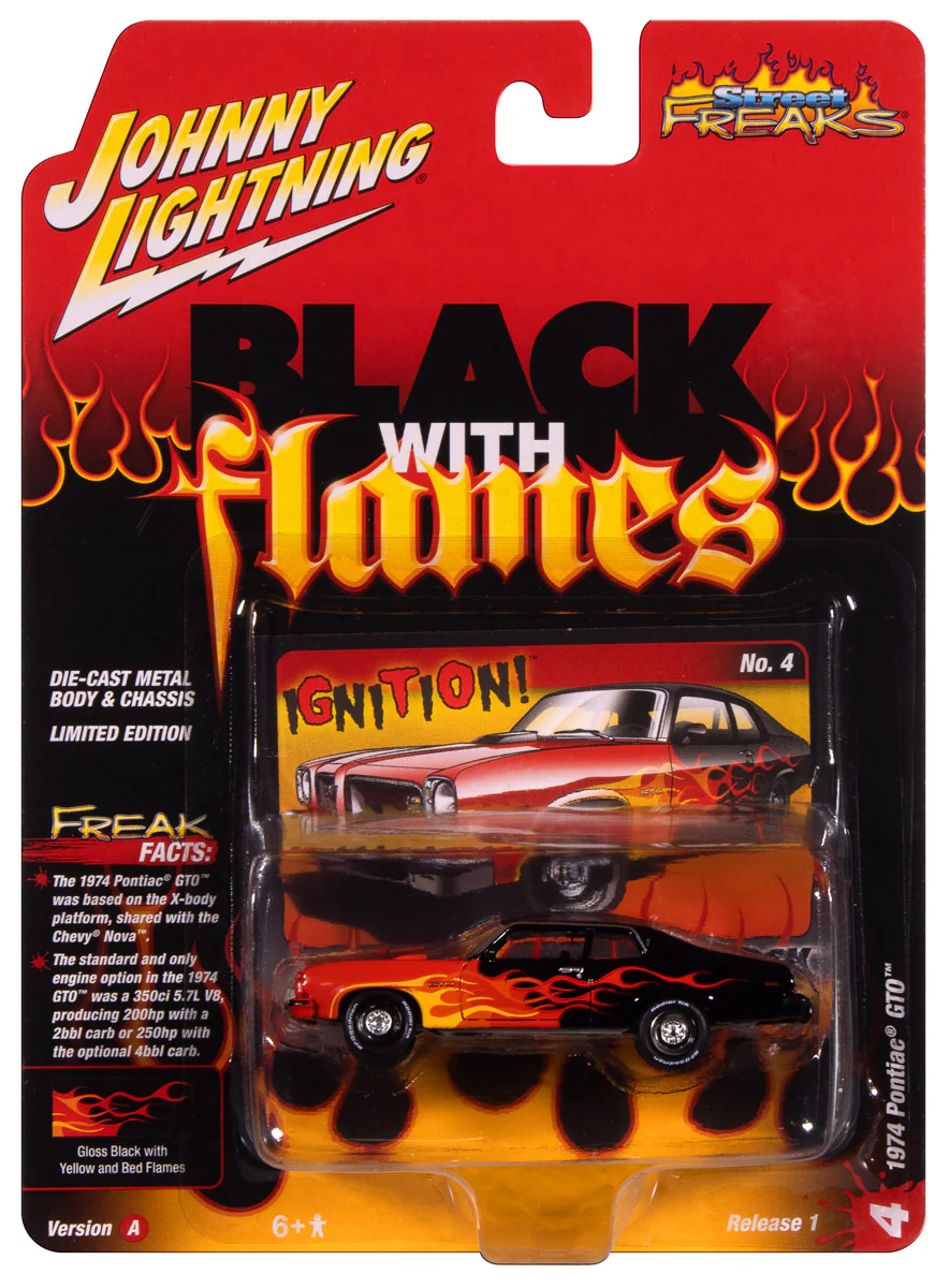 Johnny Lightning Street Freaks 1974 Pontiac GTO (Black w/Flames) (Black/Red, Orange & Yellow) 1:64 Scale Diecast