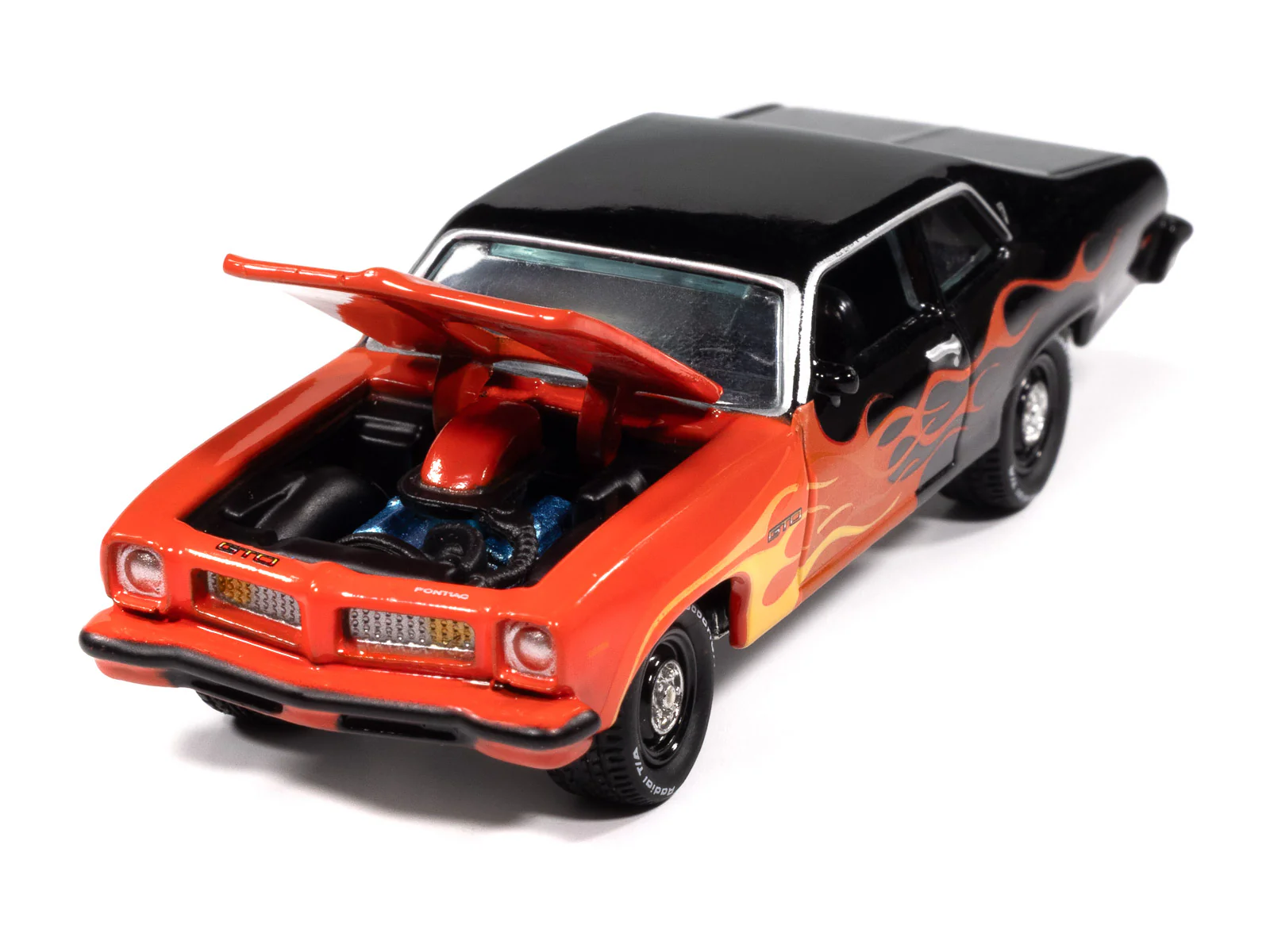 Johnny Lightning Street Freaks 1974 Pontiac GTO (Black w/Flames) (Black/Red, Orange & Yellow) 1:64 Scale Diecast - Image 3