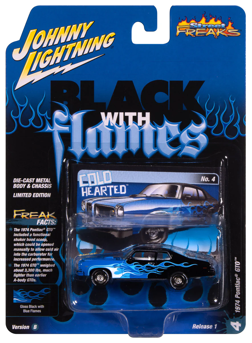 Johnny Lightning Street Freaks 1974 Pontiac GTO (Black w/Flames) (Black/Shades of Blue) 1:64 Scale Diecast